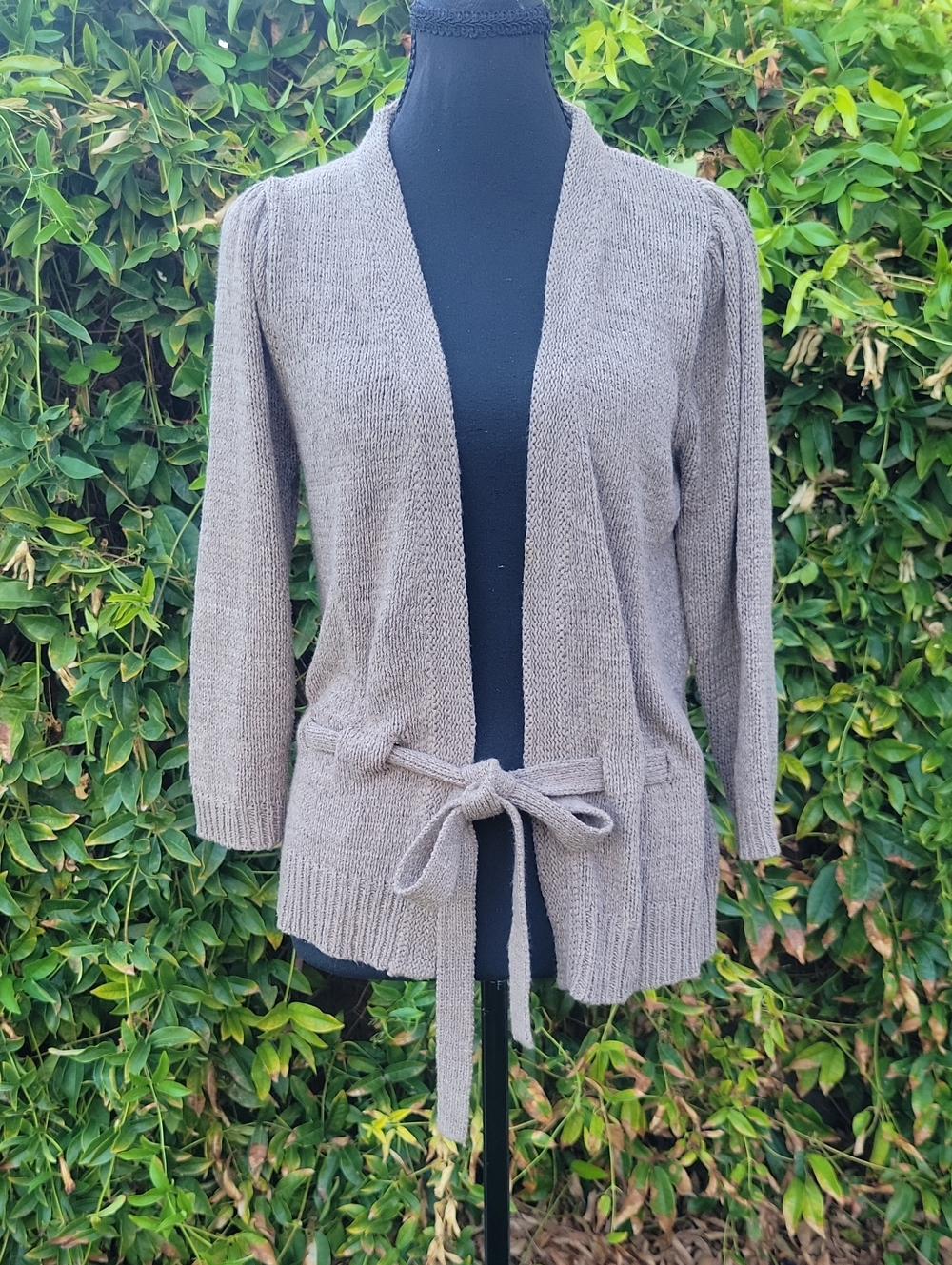 August Silk Taupe Knit Tie-Waist Sweater Cardigan